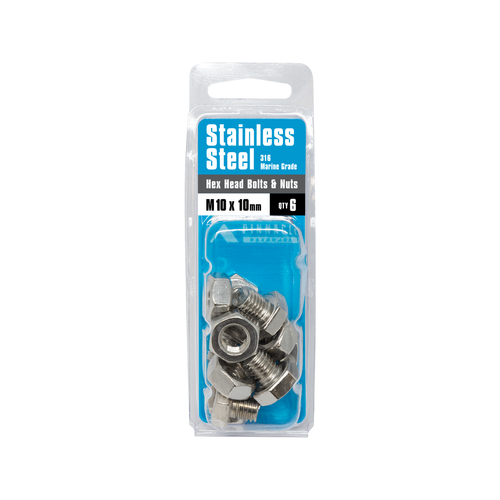 Tenel M10 x 10mm Stainless Steel Hex Head Bolts And Nuts - 6 Pack