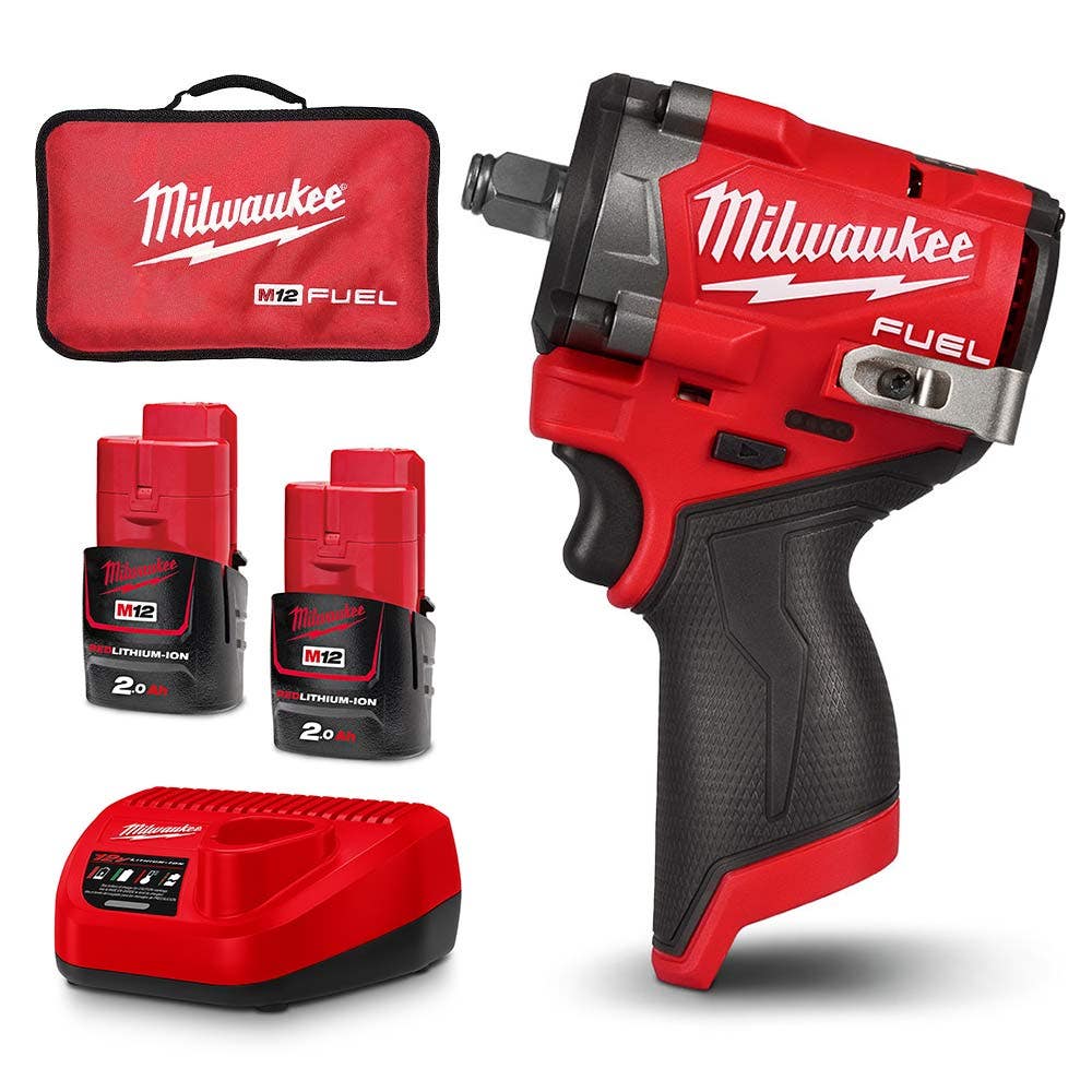 MILWAUKEE 12V 1/2" 2 X 2.0Ah Stubby Impact Wrench With Friction Ring Kit - M12FIW2F12202B